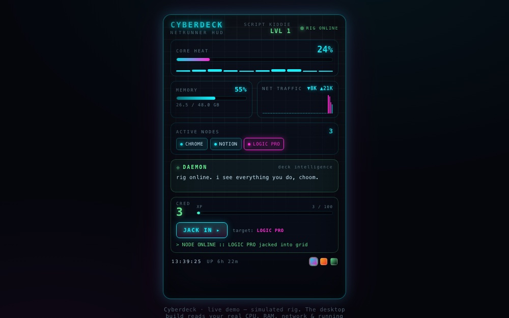 Cyberdeck — a cyberpunk HUD that turns your computer into a netrunner's rig