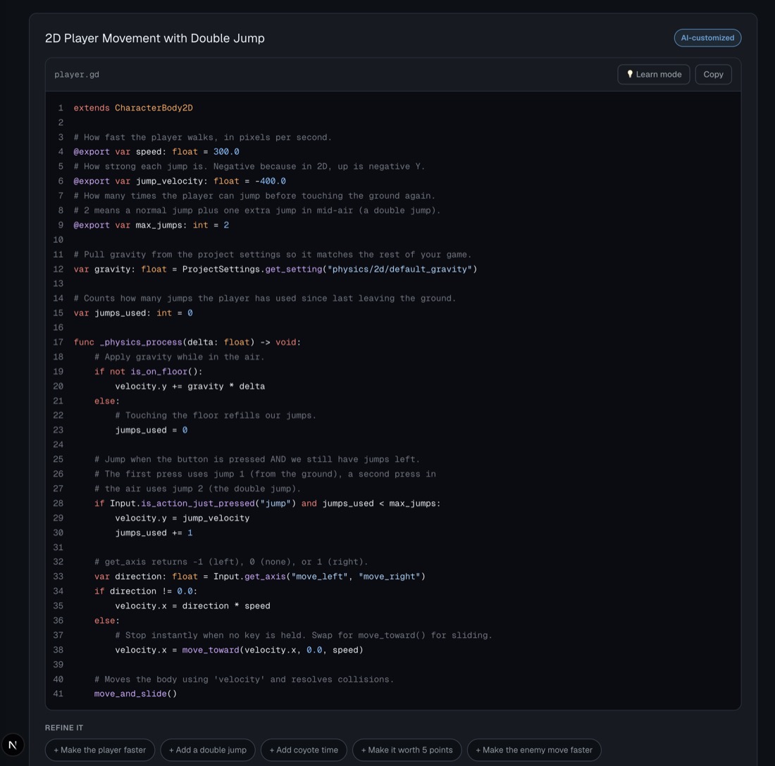 GDScribe generating Godot GDScript from a described mechanic